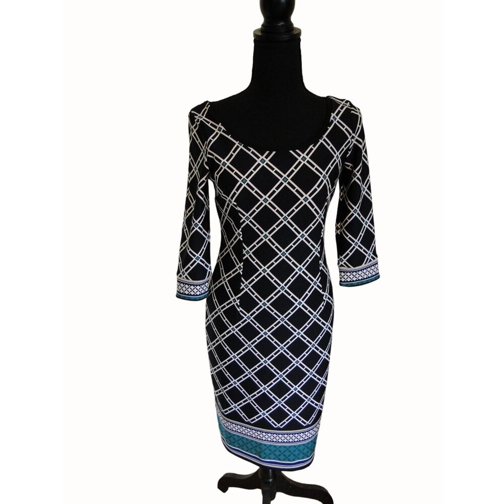 White House Black Market Dress Size 0 Black White Green Diamond Sheath Lined